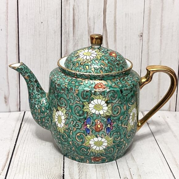 Vintage A.C.F. Mid Century Japanese Porcelain Tea Set Green Floral Gold Enamel - Picture 4 of 16